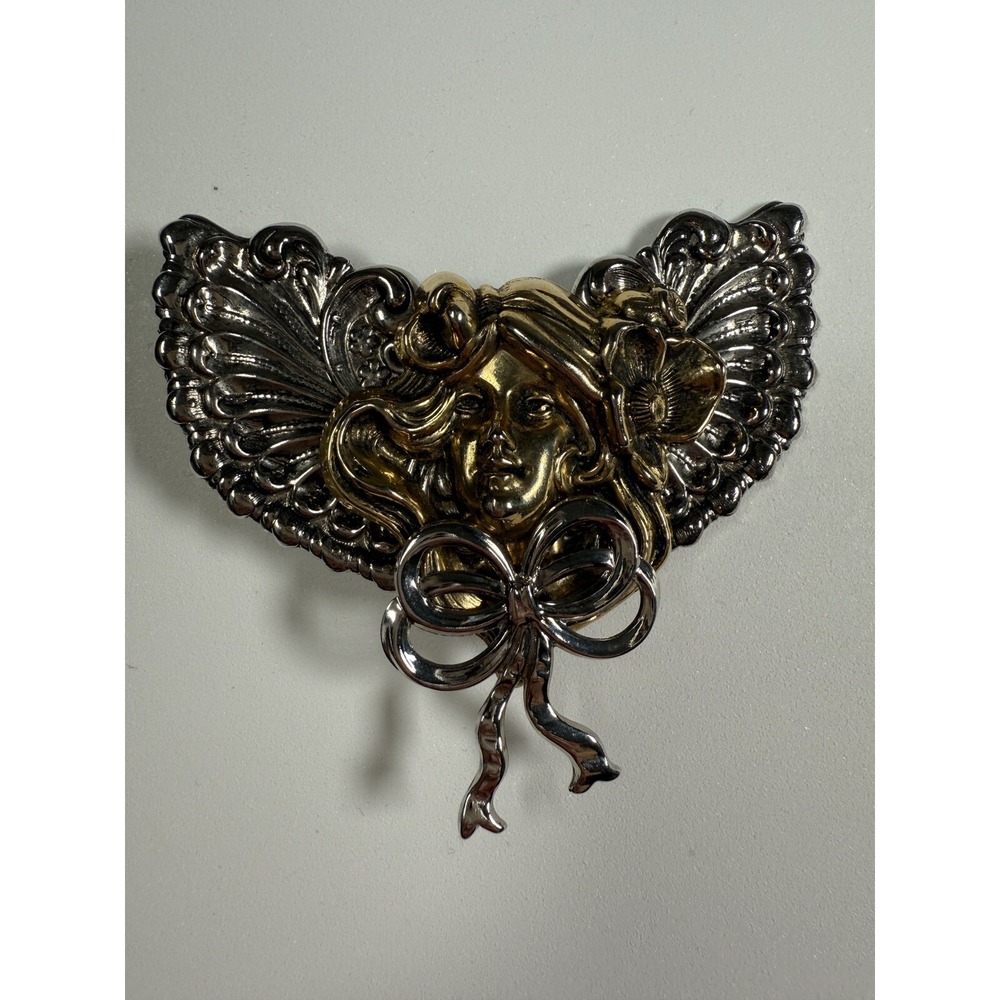 Art Nouveau Lady Brooch Large Silver 1994's Jane Davis AOL Signed 3 1/4" Costume